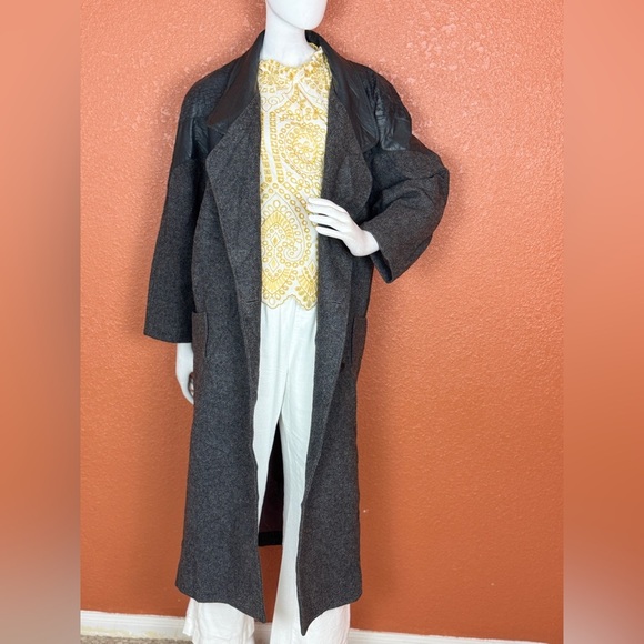 David Bengamin Vintage Wool Leather Black Long Trench Coat Shoulder Pads Size 7 - Picture 1 of 17